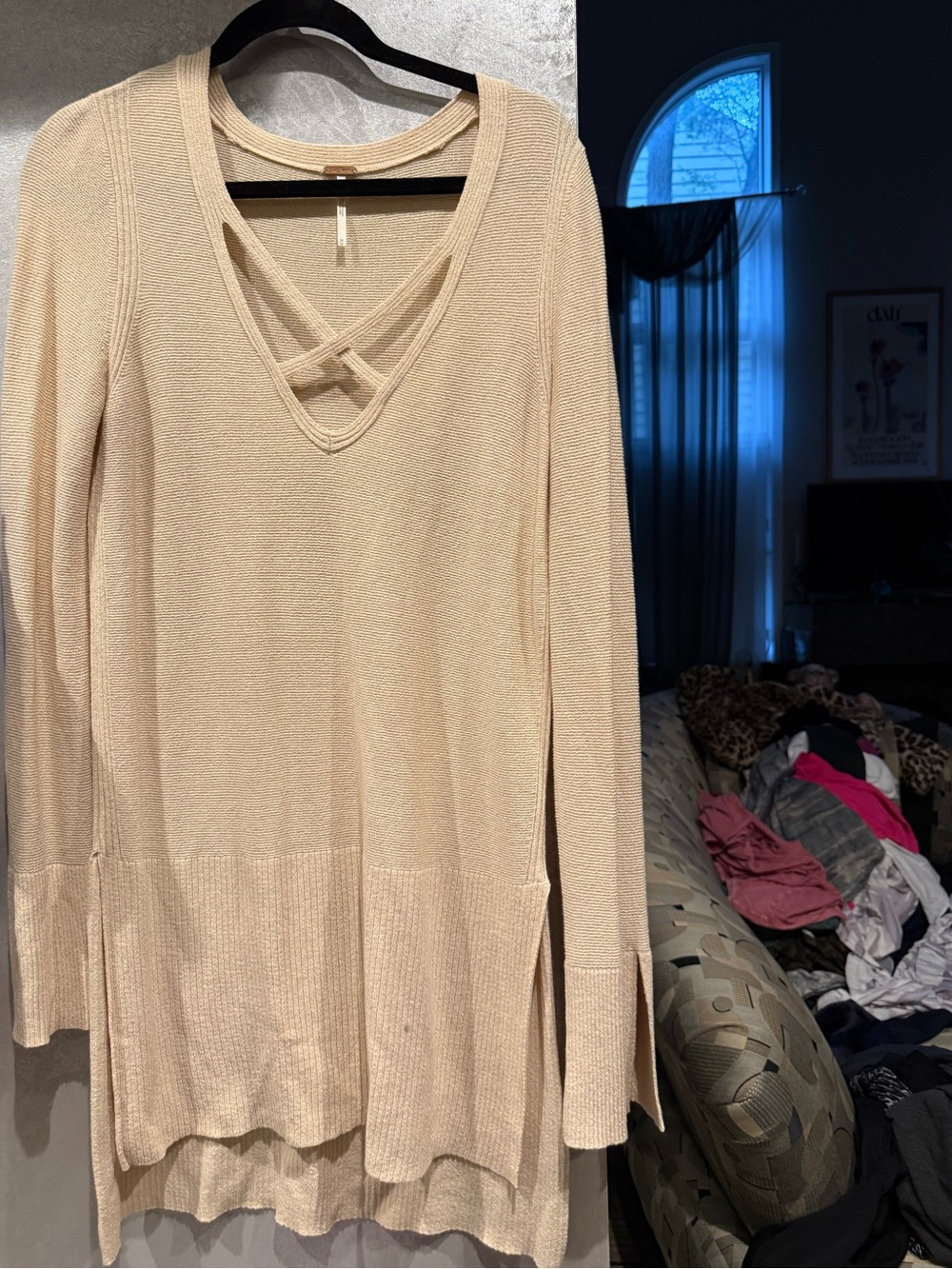 Free People Neutral Beige Knit Top with Textured Stitch